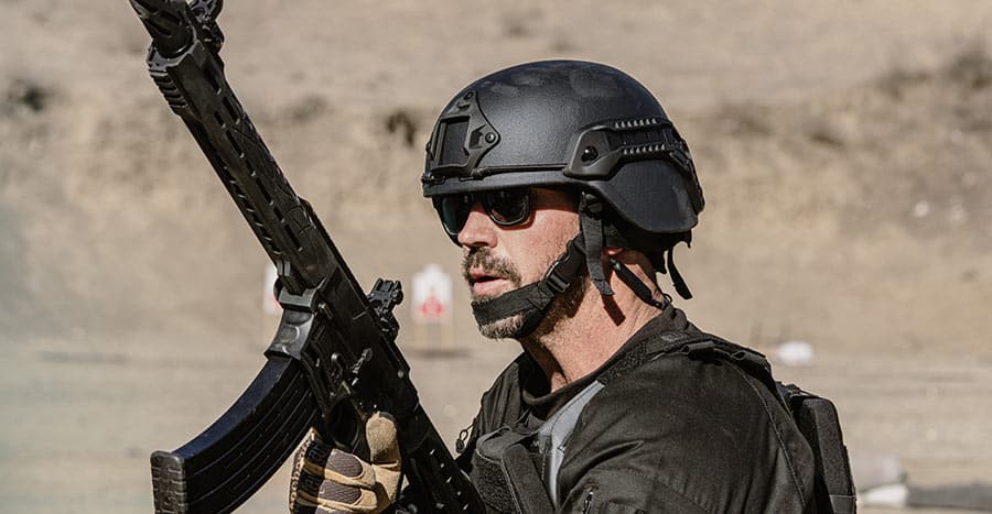 Quad Night Vision Goggles On Tactical Helmet Stock Photo