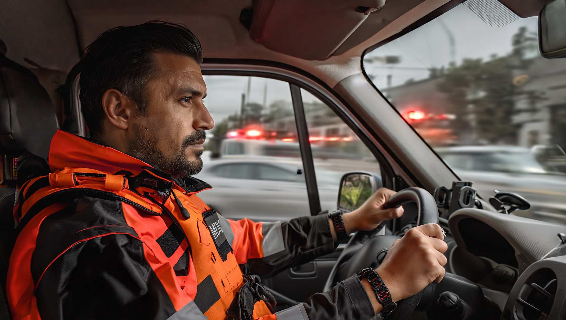 Gen4 A medic wearing a medic vest driving an ambulance in emergency situation looking straig 8492695
