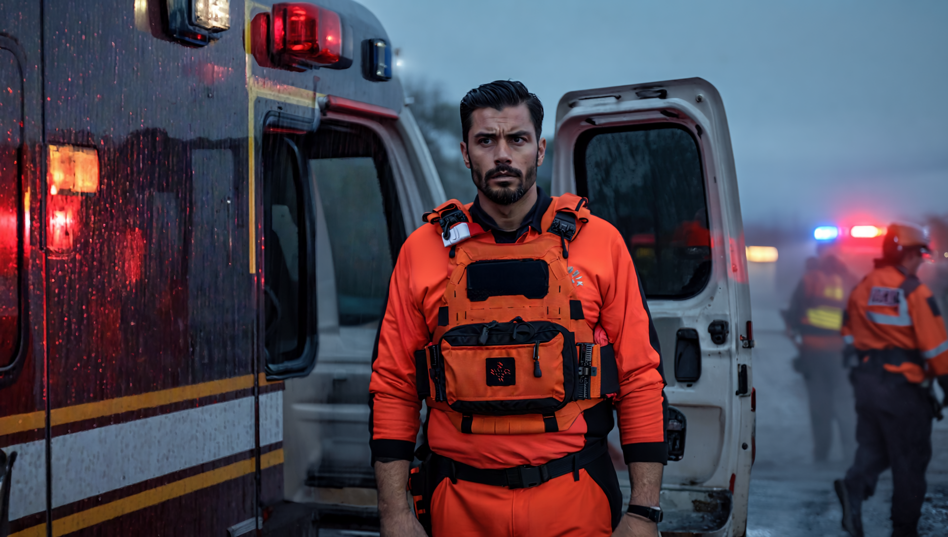 Gen4 A medic wearing a medic vest in standing right next to an ambulance in emergency situa 13219547